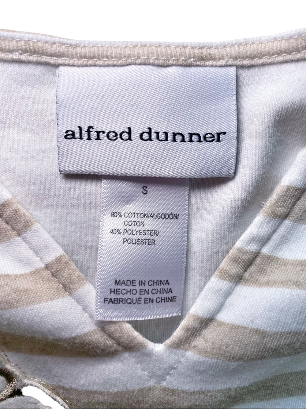 Alfred Dunner Top Size S Tan White Striped Floral Embellished 3/4 Sleeve - Picture 8 of 13